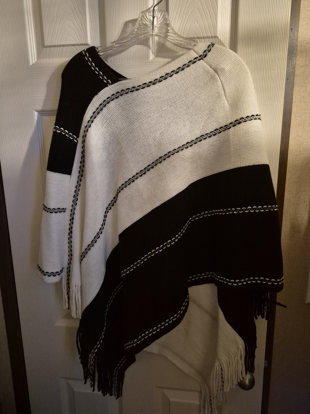 Chico's Black and White Striped Fringe Poncho